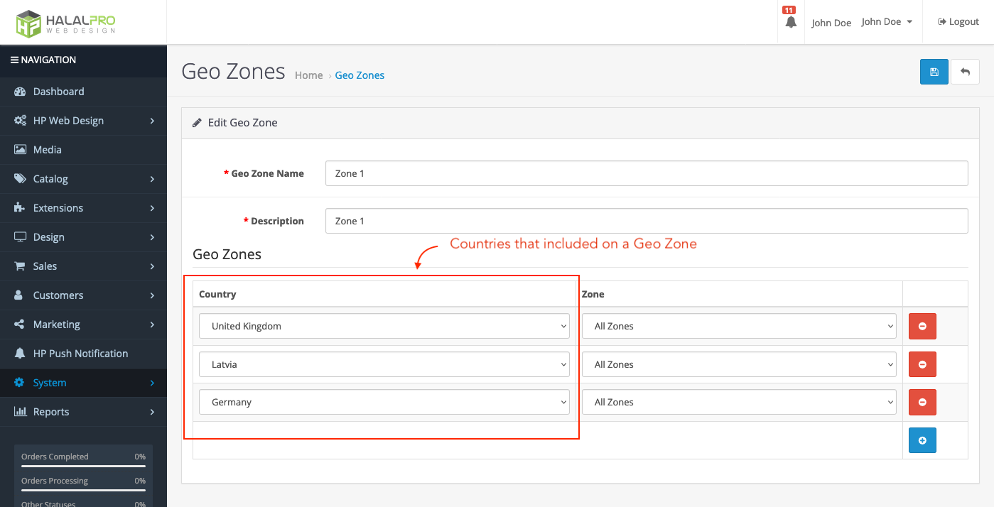 g payment - geo zone setting that cover countries
